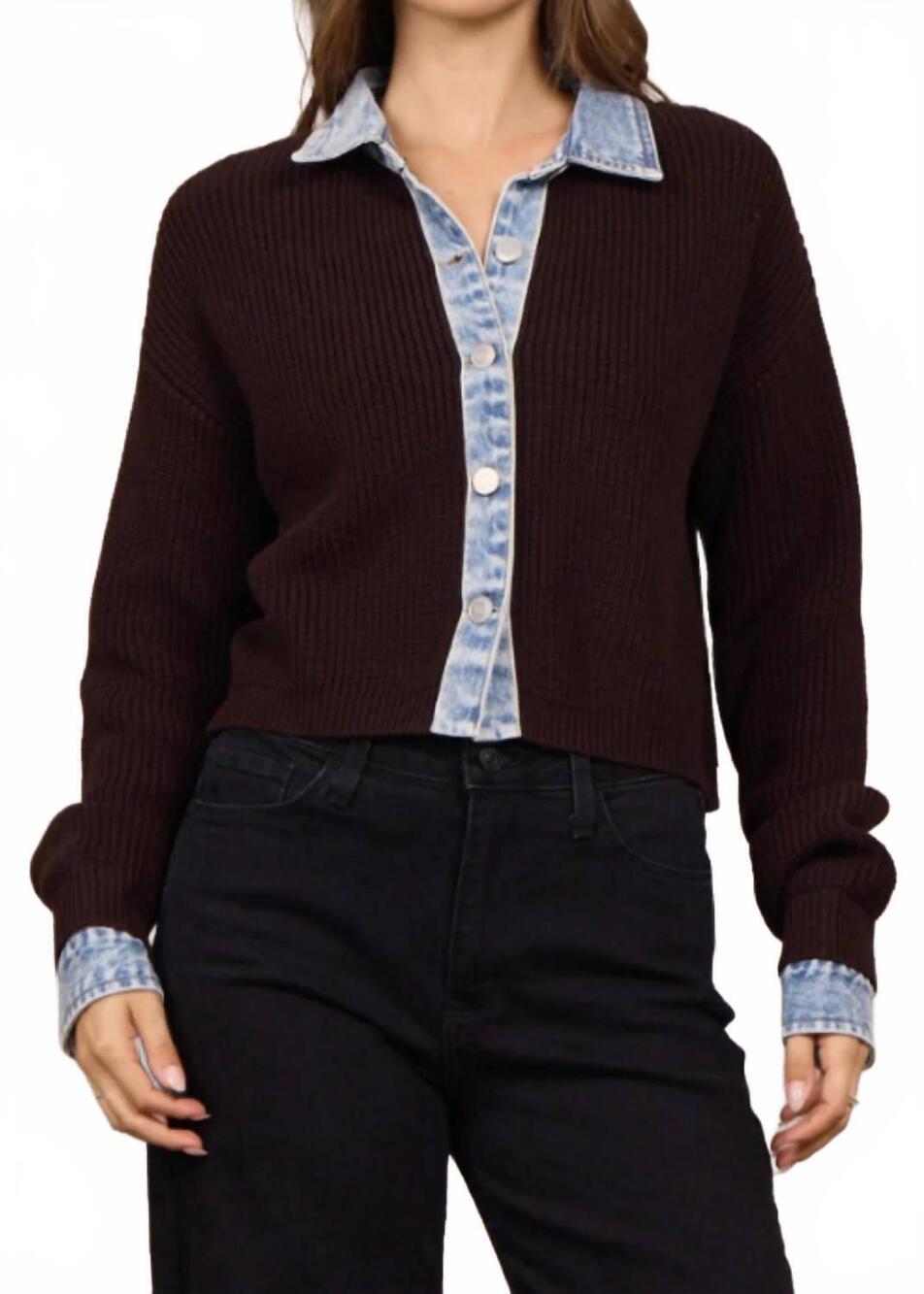 NEW VINTAGE HAVANA button front cardigan with denim collar in brown